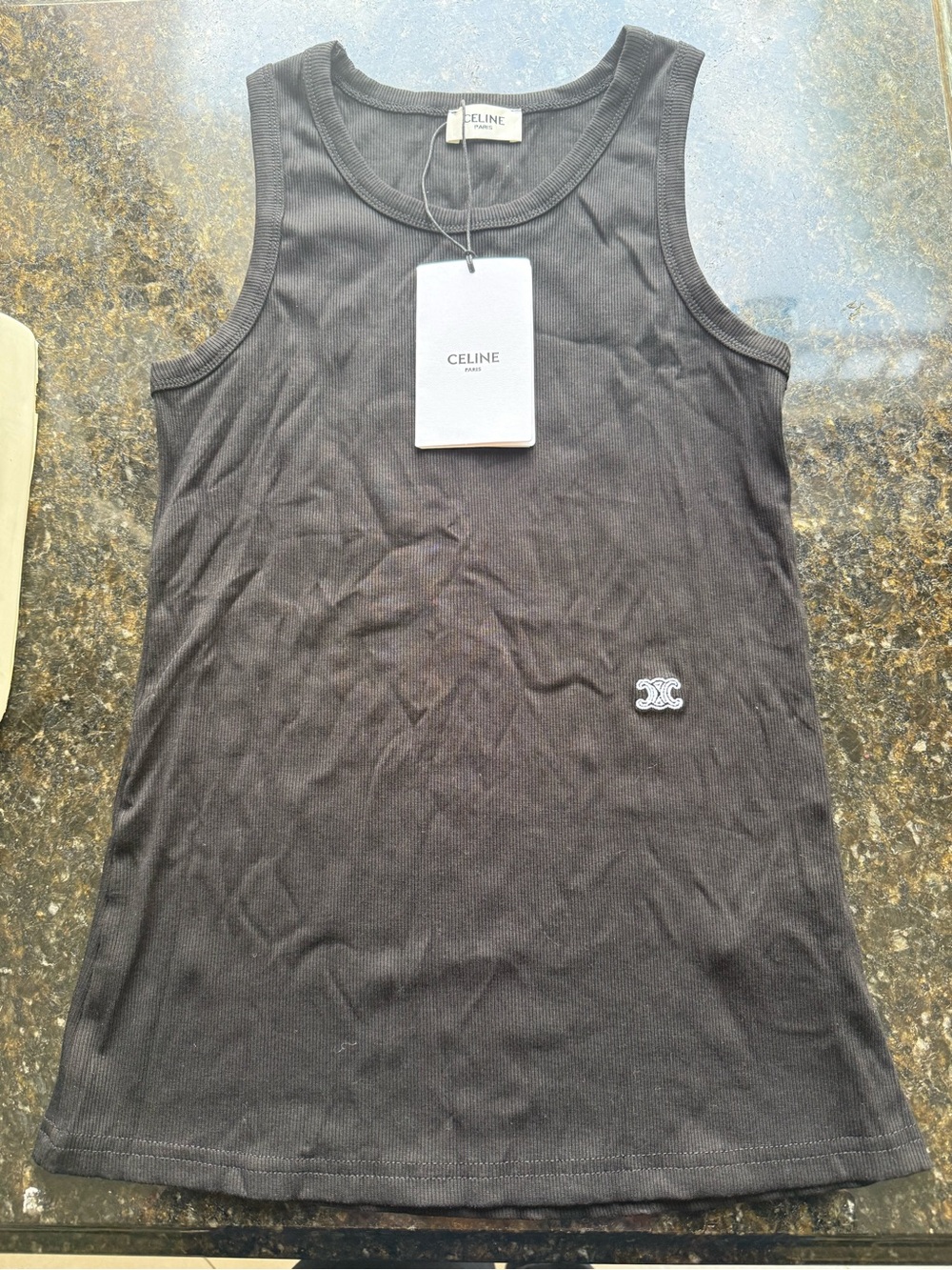 Celine Black Ribbed Cotton Tank with Logo Patch